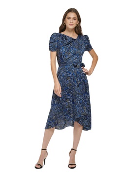 DKNY womens Short Sleeve With Self Tie Belt and Asymmetrical Neckline