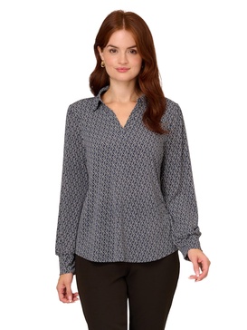 Adrianna Papell Women's Print Collared V-Neck Knit Top