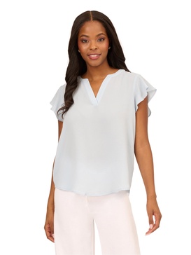 Adrianna Papell womens Solid Short Ruffle Sleeve Popover Blouse
