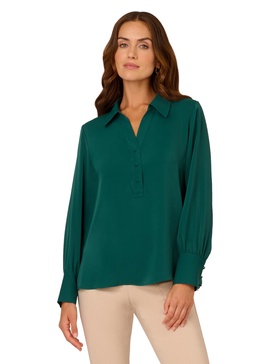 Adrianna Papell Women's Long Sleeve Open V-Neck Collar Silky Woven Blouse