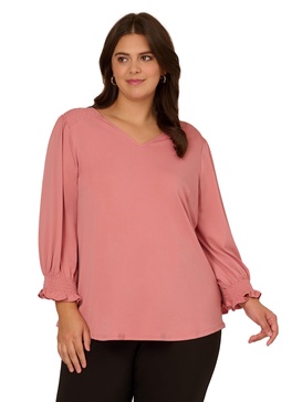 Adrianna Papell Women's Plus Size 3/4 Smocked Sleeve Solid Top