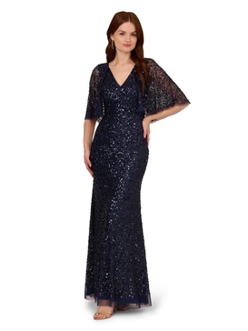 Adrianna Papell Women's Bead Mesh Cape Long Dress