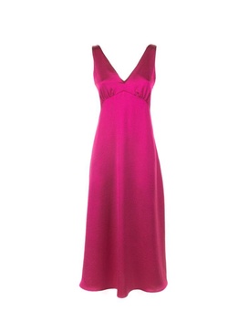 Long Fuchsia Dress With V-neck In Satin