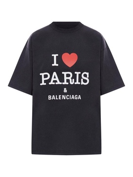 Women's I Love Paris & Balenciaga Cropped T-shirt Oversized in Black Faded