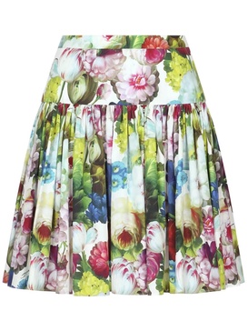 Floral pleated cotton poplin mini skirt