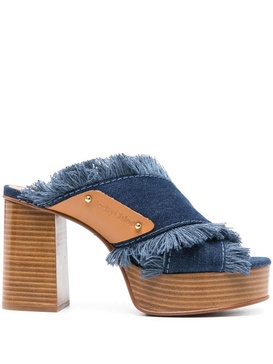 100mm Frayed-detailing Denim Mules
