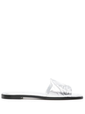 Metallic Flat Sandals with Embossed Motif in Metallic Leather Woman