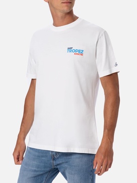 Man Cotton T-shirt With Saint Tropez Addicted Postcard Placed Print