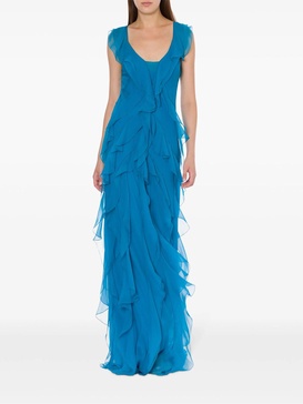 Turquoise Blue-green Silk Ruffled Gown
