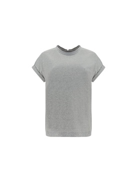 Short-sleeved T-shirt In Elasticized Stretch Cotton With A Crew Neck Edged With Jewels