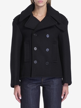 Black Double-Breasted Coat with Classic Wide Revers in Wool Woman