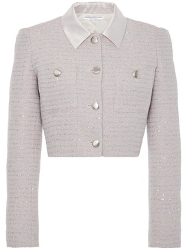 Sequined tweed cropped jacket w/ collar