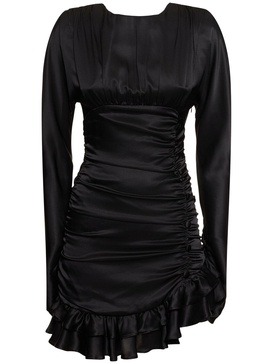 Open back silk satin draped mini dress