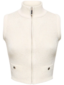 High neck sequined knit vest w/zip