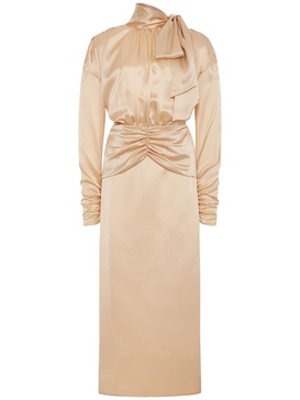 Open back silk satin midi dress w/ bow