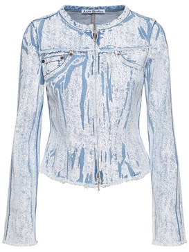 Coated denim collarless jacket