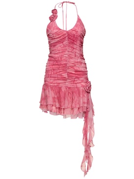 Ruched rose printed viscose mini dress