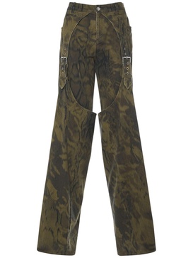 Printed denim wide jeans w/buckles