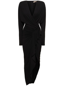 Draped jersey l/s midi wrap dress