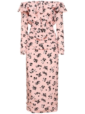 Printed silk off-the-shoulder midi dress