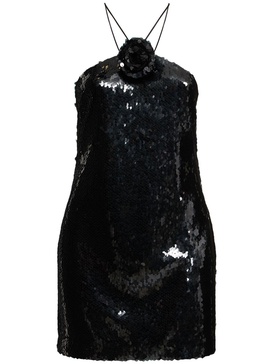 Sequined open back mini dress w/ rose