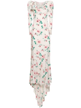 Rose printed silk maxi dress w/ appliqué