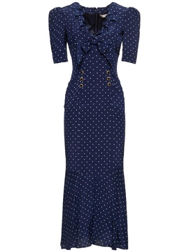 Polka dot print silk midi dress w/ruffle