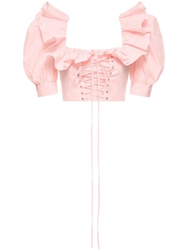 Ruffled moiré crop top w/ lace up