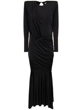 Draped satin l/s open back long dress