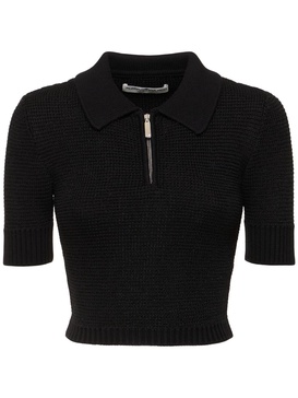 Sequined cotton blend knit polo w/ zip