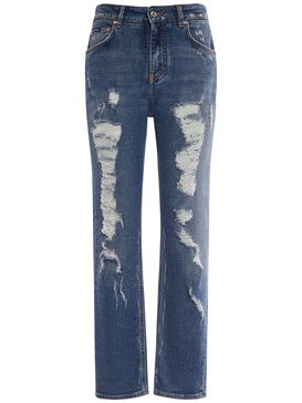 Distressed denim straight jeans
