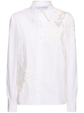 Flower embroidered stretch cotton shirt
