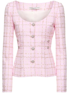 Sequined checked tweed round neck jacket
