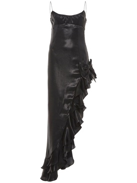 Laminated satin long dress w/side ruffle