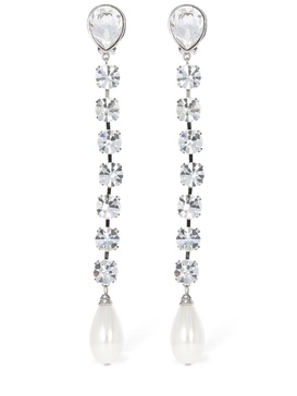 Crystal long earrings w/ faux pearl