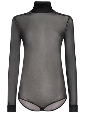 Sheer viscose jersey t-neck bodysuit