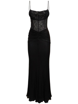 Laminated jersey long dress w/ lace