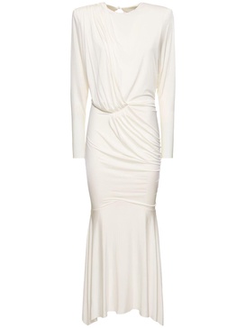 Satin draped l/s open back long dress