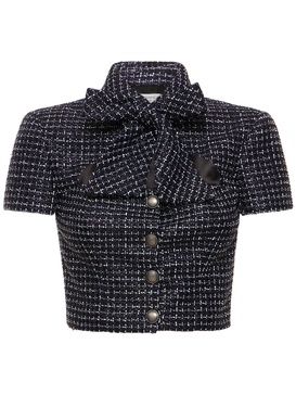 Sequined tweed crop top w/bow