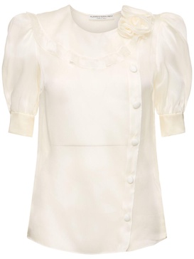 Silk organza blouse w/ rose appliqués