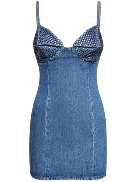 Embellished cotton denim mini dress
