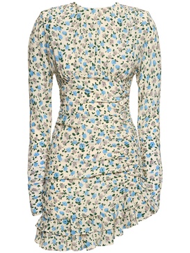Printed open back draped silk mini dress