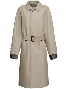 Belted cotton twill long trench coat