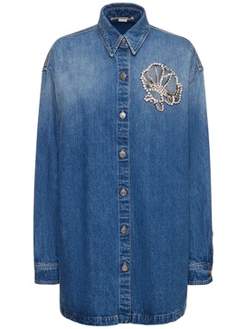 Crystal embellished denim oversize shirt