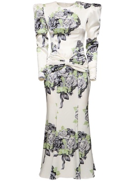 Rose print silk satin dress w/ bow