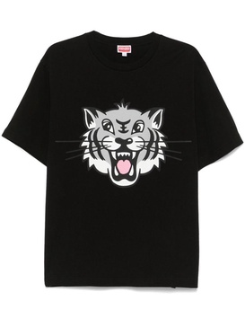 Black cotton T-shirt with front tiger print