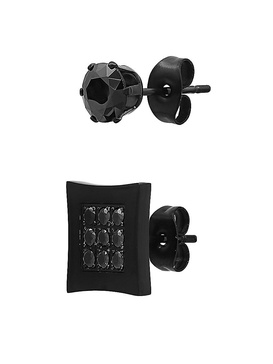 Set of 2 Black IP Stainless Steel & Simulated Diamond Earrings