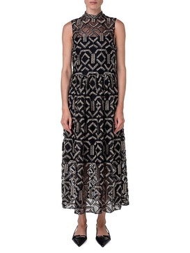 Geometric Metallic Tulle Mock Turtleneck Midi-Dress