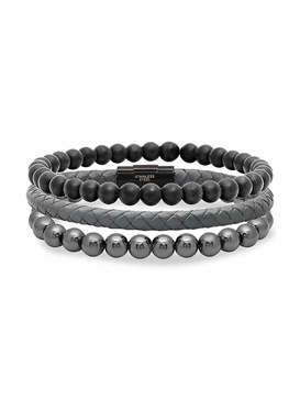 3-Piece Black IP, Stainless Steel & Leather Bracelet Set