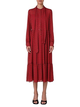 Print Tie Neck Midi-Dress